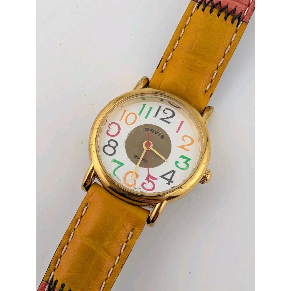 Orvis Watch Women 26mm Gold Tone Patchwork Leather Band- New Battery‎